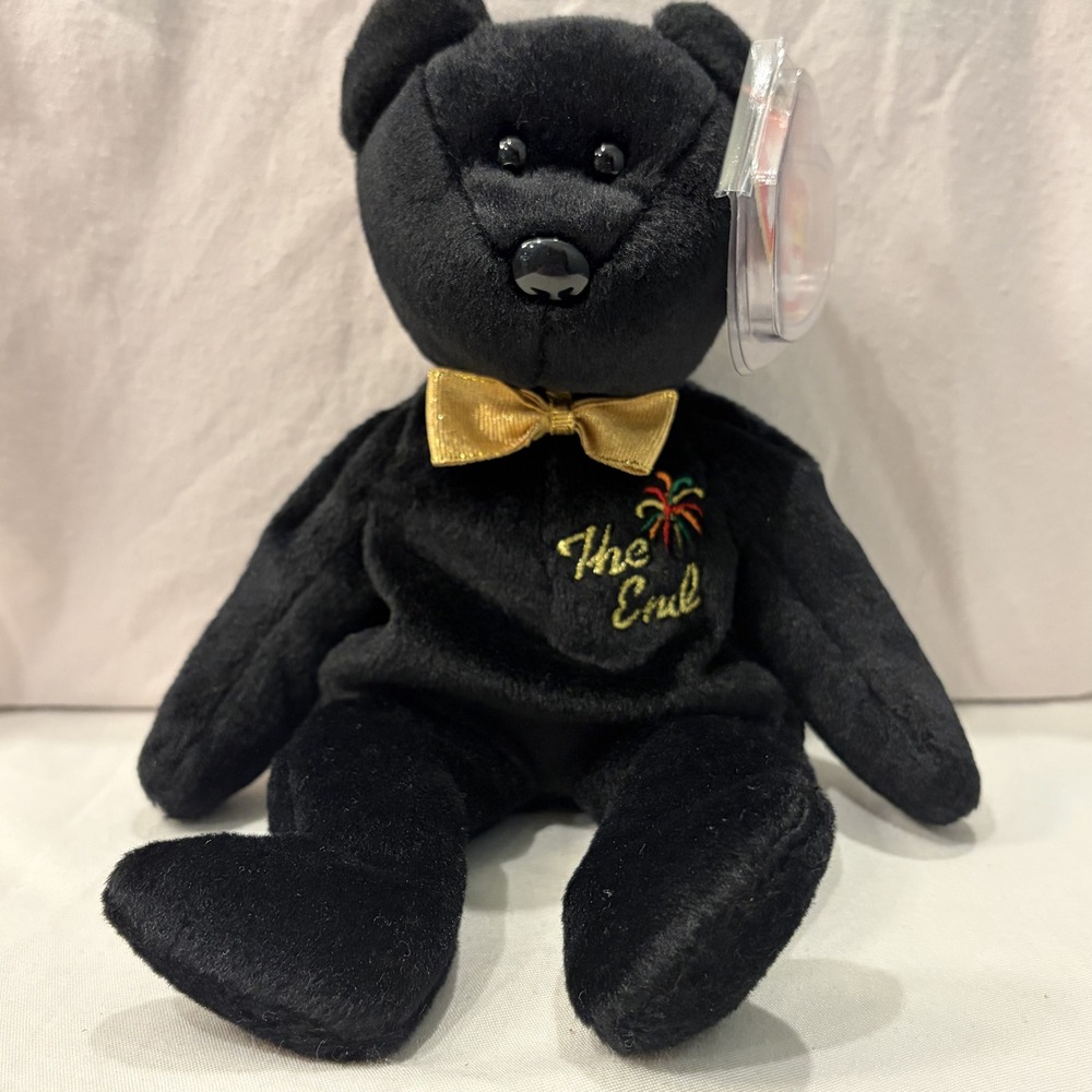 Ty Beanie Baby The End Bear Black Gold Bow 1999 Retired Plush w Tag
